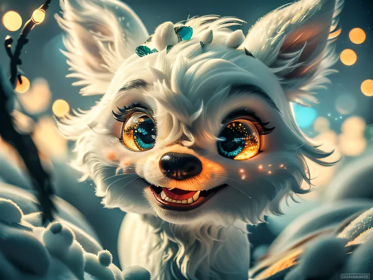 Magical Fantasy Creature, (Best Quality, Masterpiece, Representative Work, Official Art, Professional, Super Detailed, 8k:1.3), (Photorealism:1.2) Super Cute, Big Eyes, Soft, Soft Nose, Fluffy, Double-Toothed Smile, Aurorastyle, Highly detailed Dynamic sho...