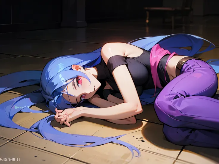 anime girl with extra long blue hair , very long hair , lying on her side on a tiled concrete floor , hair lying on the floor , jinx , very long blue hair , sad face , pink eyes  , dark , black top , purple pants , open  Длинные волосы, Голландский угол,  ...