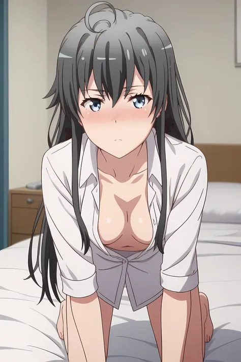 score_9, score_8_up, score_7_up, source_anime, yukinoyukinoshita, yukino yukinoshita, small breasts, black hair, blue eyes, long hair, ahoge, naked shirt, cleavage, large white shirt, indoors, bedroom, all fours on bed, bent over, looking at viewer, blush,...