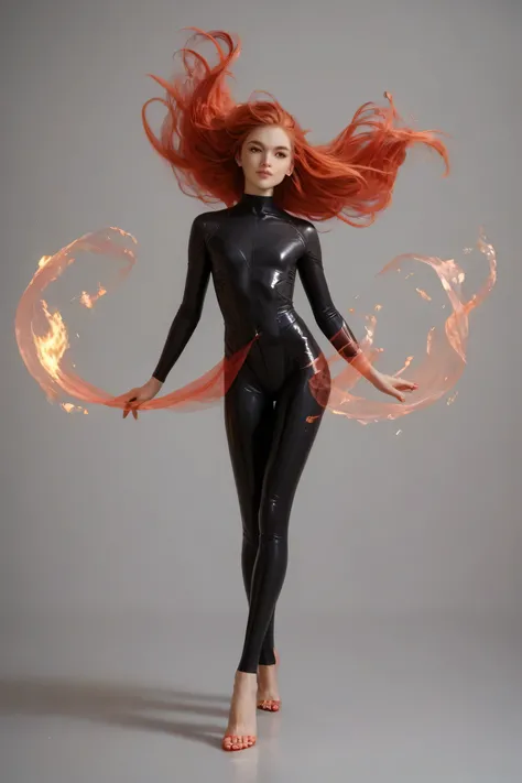 Slim flat chested fenail sporty gymnastic woman in a transparent Black bodysuit looks like in flame doing a dance. Red long hairs flowing in the wind. Perfect lags ind Ballet shoose. Front view. Full body