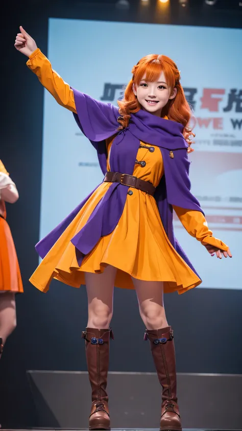 Girl、 has orange wavy hair and purple eyes。 also wears a blue cloak 。 serious expression、Wears a yellow tunic 、 has a waist tightened with black tights and a belt 。 wears orange gloves on her hands 、 wears orange boots around her feet 。 fist pose 、Happy、On...