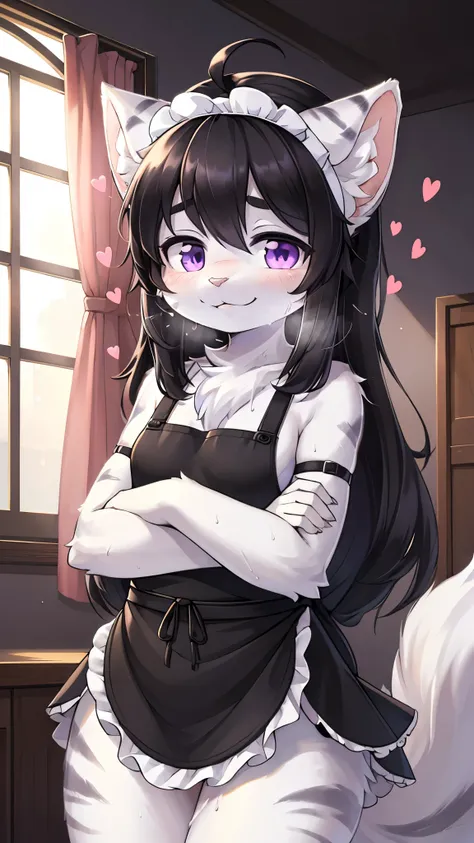 best quality,best resolution,(fluffy anthro furry :1.6),(young :1.6),tabby cat girl,small breasts,(black hair :1.4),(very long hair),(messy hair),(ahoge),(purple eyes),round moist eye,glistering eyes,sparkle eyes,(white tabby fur :1.6),(naked black apron),...