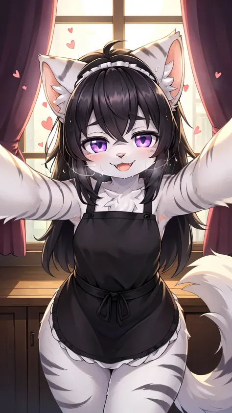 best quality,best resolution,(fluffy anthro furry :1.6),(young :1.6),tabby cat girl,small breasts,(black hair :1.4),(very long hair),(messy hair),(ahoge),(purple eyes),round moist eye,glistering eyes,sparkle eyes,(white tabby fur :1.6),(naked black apron),...