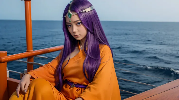  a mysterious female character 、 has long purple hair and a calm expression 。Wearing an orange and yellow robe、She wears sandals 、 Overall, it has an atmosphere like a fortune teller or wizard、Im on a ship、sea、Embark on a journey by boat