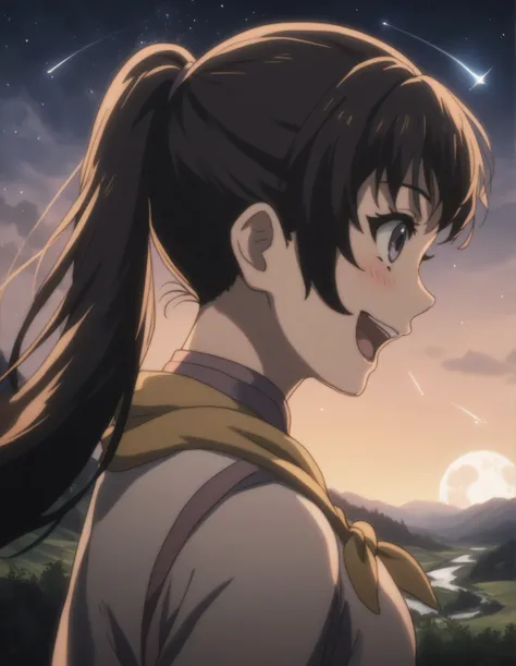 score_9,  score_8_up, score_7_up, gsfghtr, multicolored robe, neckerchief, black hair, (long straight hair),
cinematic Lighting, 1girl,solo,blush,smile, open mouth,Valley with Flowing River, moon, shooting stars, from right side