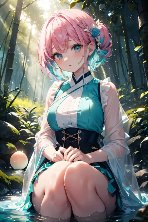 ((( cute forest fairy woman )))、Deep in the forest 、(((Wrapped in shining orbs))),((( sunlight filtering through the trees illuminates her :1.3)))、(((aqua blue and rose pink mixed color hair))),( shiny pixie cut hair wrapped in shining orbs),( detailed clo...