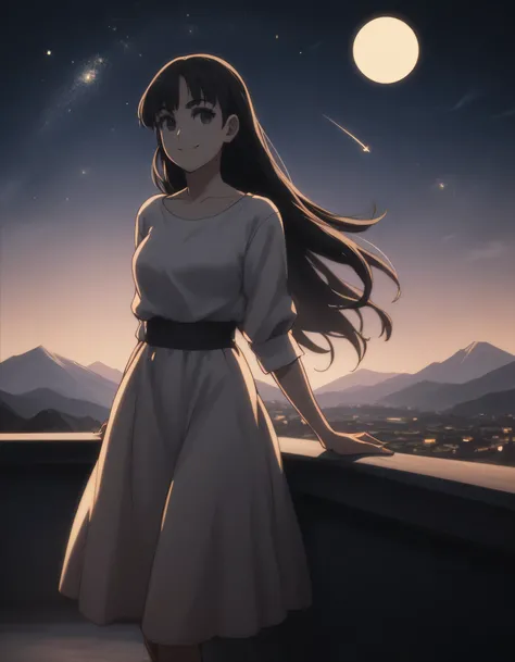 score_9, score_8_up, score_7_up, gsfghtr, Wrap Dress, long straight hair, black hair 1girl, bright, best lighting, smile, on top of mountain, city lights at night, moon, shooting stars