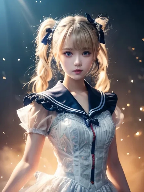 ( 1 girl,),Sailor suit, twin tails,Silky Blonde Hair, Organza Lace,Gorgeous and elaborate clothes, uniforms decorated with lace, New uniform suggestions , ( colorful ),  Gradient Blend,  Motion Blur,  Sparkling Textures , Dynamic Configuration,  atmospheri...