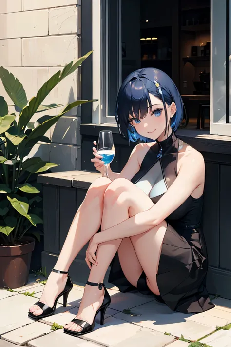 1 crouching adult woman, short blue hair, blue eyes, big breasts, black sleeveless dress, short black skirt, high heel, smiling face, drinking a glass of milk, full body image