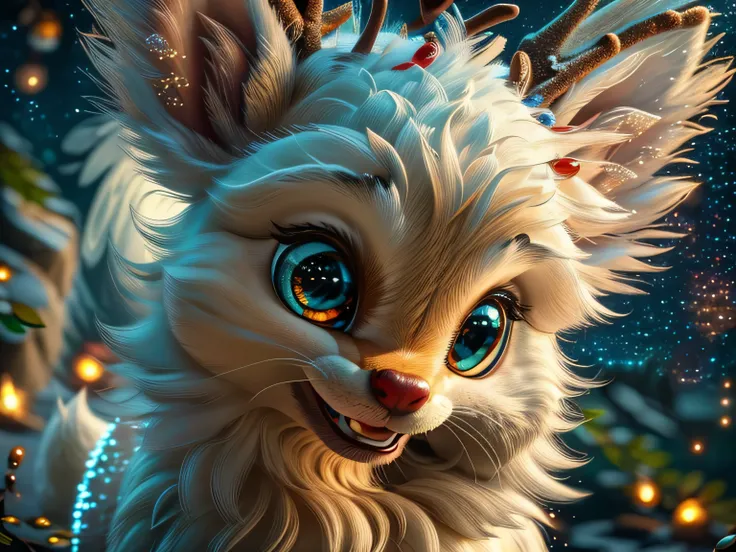 Magical Fantasy Creature, (Best Quality, Masterpiece, Representative Work, Official Art, Professional, Super Detailed, 8k:1.3), (Photorealism:1.2) Super Cute, Big Eyes, Soft, Soft Nose, Fluffy, Double-Toothed Smile, Aurorastyle, Highly detailed Dynamic sho...