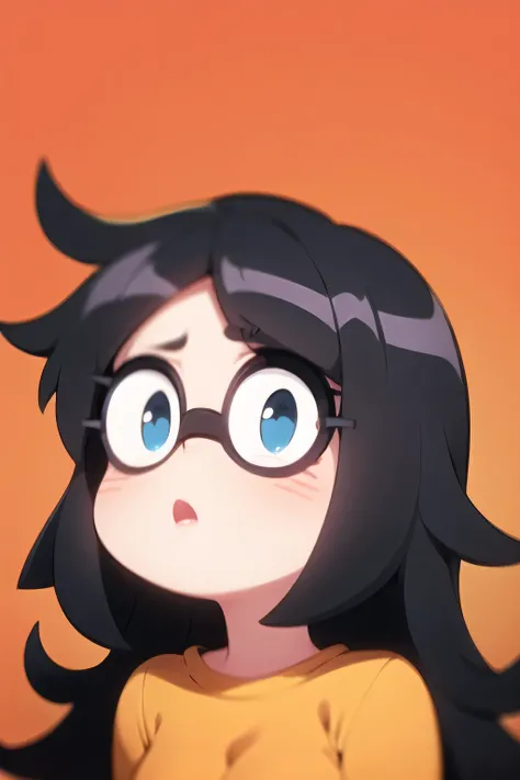 a cartoon girl with a striped shirt and a orange sweater, in the art style of 8 0 s anime, cel - shaded art style, black hair and large eyes, tired and haunted expression, jaidenanimations, character portrait of me, tina belcher as a real person, lofi port...