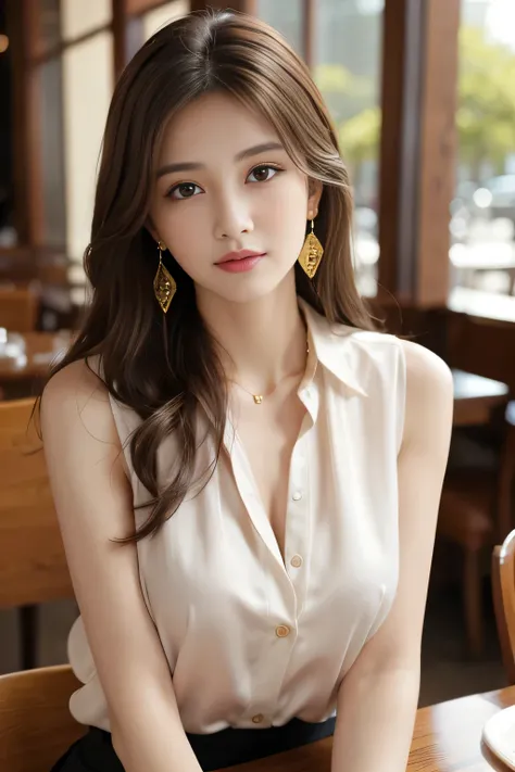 masterpiece、 best quality、 real、 Very detailed、 fine detail、 high definition 、8K wallpaper、 one beautiful woman 、Wearing an elegant colorful silk shirt、 at a great restaurant、At night、Light brown messy hair、 perfect dynamic composition、 beautiful beautiful...