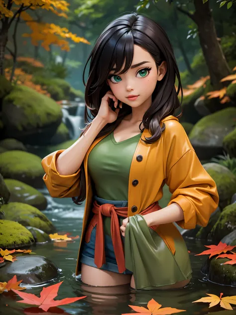 masterpiece, best quality, autumn outfit, colorful hair, outdoor,upper body, colorful autumnal clothes, ((fully clothed)), warm clothes, wet clothes, soaked, drenched, excited, wet hair, wet and slimy, water up to her chest, submerged, fantasy environment,...