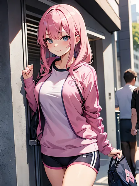 Pink-haired girl leaving the gym , In the clothes of an academy ,  with a naughty smile if undressed
