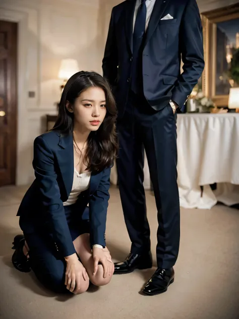 original photo, Depth of Field,dramatic,( Real Movie Stills :1.3),( best quality , high resolution:1.2), Super Detailed Details , (actual、Realistic、 illustrion :1.3), inspired by 007 movie , full body portrait, A Beautiful and Handsome Couple ,((woman跪...