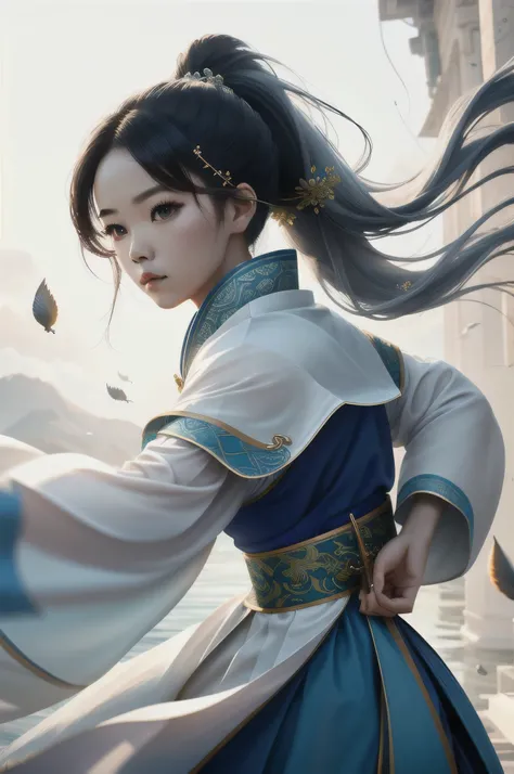 masterpiece, ultra detailed photography of a gorgeous humanoid dragon male, 1girl, (((21 year old))), perfectly drawn face, melon seed face, wearing a blue hanbok dress, hairpins, water sleeves, flying water, 8k resolution, photorealistic, ultra-high quali...