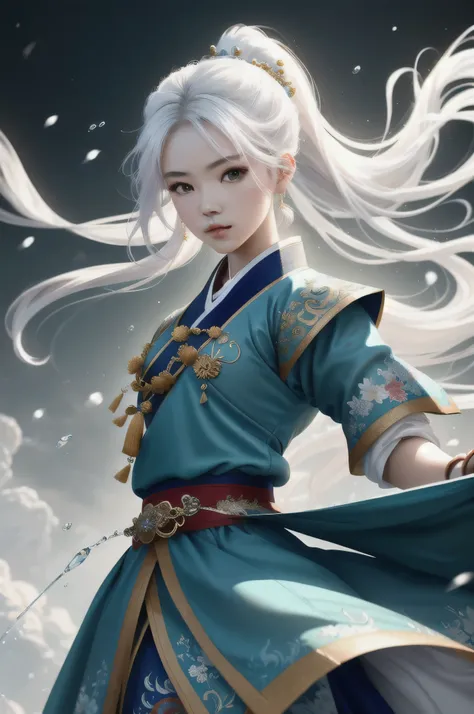 masterpiece, ultra detailed photography of a gorgeous humanoid dragon male, 1girl, (((21 year old))), perfectly drawn face, melon seed face, wearing a blue hanbok dress, hairpins, water sleeves, flying water, 8k resolution, photorealistic, ultra-high quali...