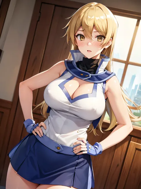 1 Female,High definition,high resolution,Ultra-realistic,8K, ta1,blonde hair,yellow eyes, white jacket, sleeveless, blue skirt,tight skirt , miniskirt,fingerless gloves,European,sexy,Upper body close-up,Photographed from the front,Dynamic Angles,private te...