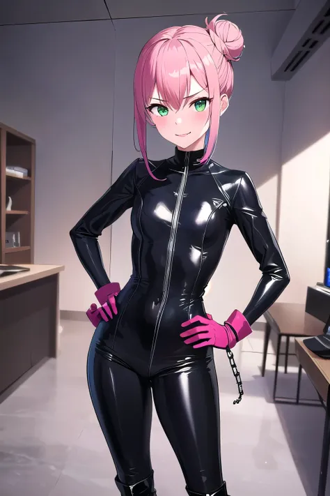 1girl,Samus aran,solo,green eyes, pink hair, forehead   hair, Colorful bodysuit, black leather boots, red lipstick, sleek and severe low bun, dark and dimly lit room with chains and leather, intense and piercing gaze, one hand on hip, (holding a whip:1.2),...