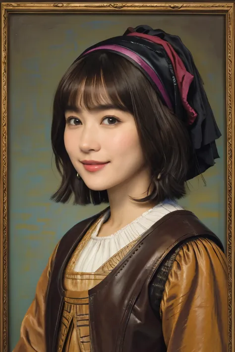 328 (Horse and 20-year-old woman ), ( super real ), (horse barn、There is a horse), ( short hair ), (smile), (( gorgeous costume、 colorful )), (( Rembrandt-style painting))