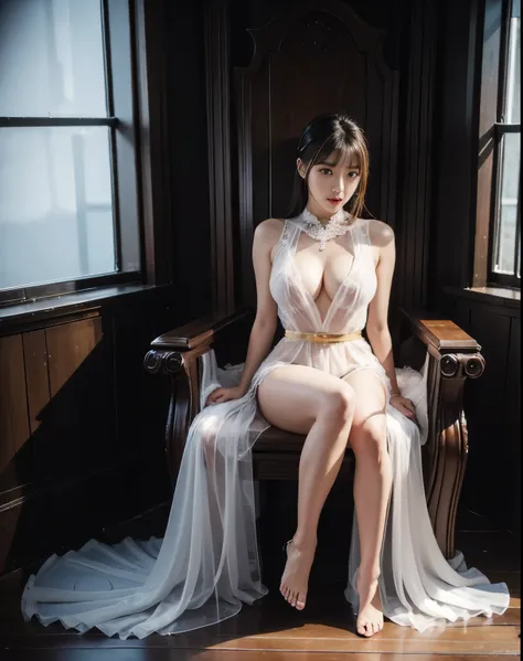 masterpiece,  best quality, Realistic,  1 girl, nightの宮殿, Positive,  sit on the throne, Voluptuous waist, night, Sheer dress, princess,  Drape Skirt , The lower half of the breast is exposed from under the draped dress,  noble dress, Beautiful medium hair,...