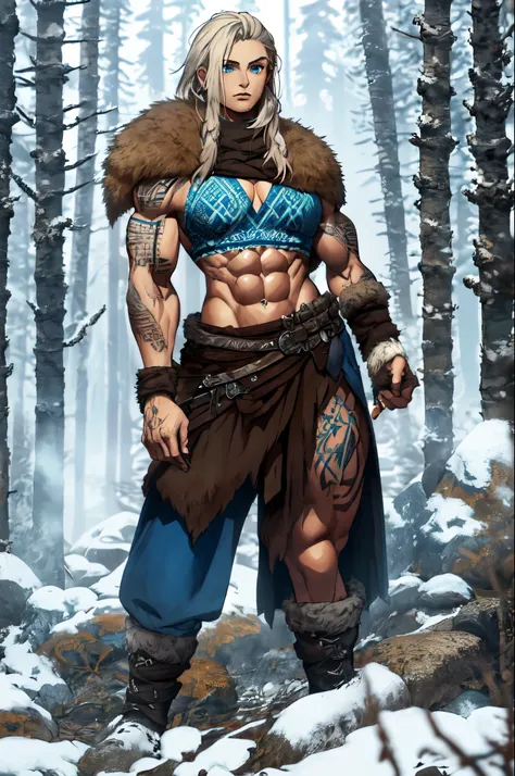 Female viking, (young:1.2), (muscular:1.2), fit, wearing brown furs and hides, (blue norse tattoos:1.2), blue eyes, platinum blonde hair. Setting is a Scandinavian forest in winter, bare arms, exposed naval, (abs:1.2). Highly detailed, norse, berserker, ar...