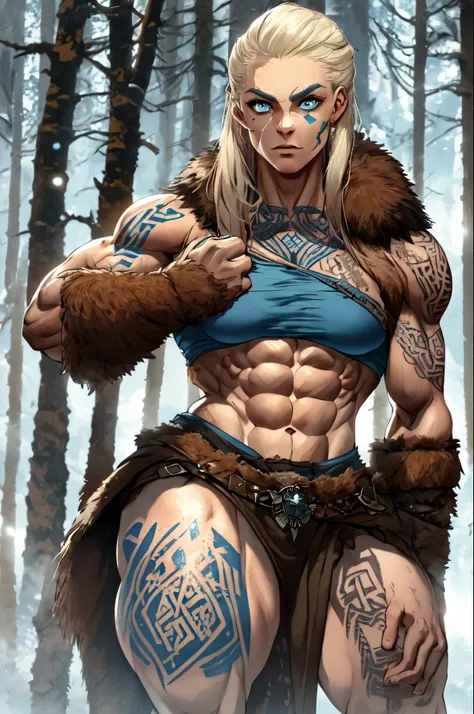 Female viking, (young:1.2), (muscular:1.2), fit, wearing brown furs and hides, (blue norse tattoos:1.2), blue eyes, platinum blonde hair. Setting is a Scandinavian forest in winter, bare arms, exposed naval, (abs:1.2). Highly detailed, norse, berserker, ar...