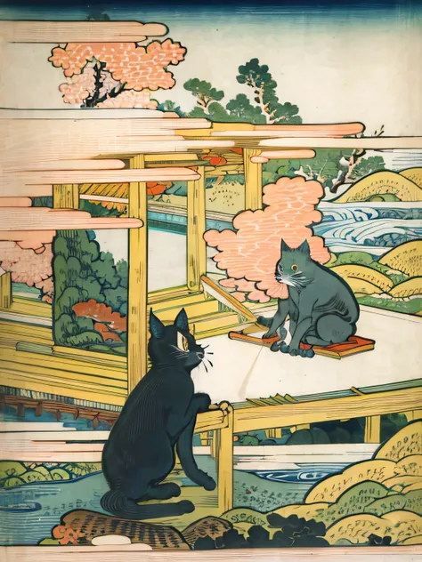 ukiyoe, black cat with a golden crown on its head, high quality, (ukiyo-e), (illustration)