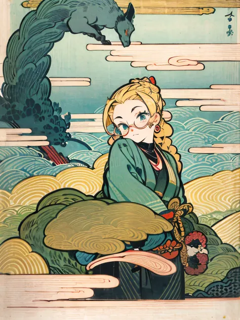 ukiyoe, black simgle braid, forehead, glasses, black mage clothes, gold decoration, looking at you, high quality, (ukiyo-e), (illustration)