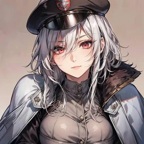 beautiful woman Soviet officer with ((silver short messy hair)) and red eyes.tsurime,steady person,1940s,Strong-willed woman,(((Cool mature woman))),big breast,(((Scars all over the body))),The background is the garden at home,(((maternal))),smileing,Photo...