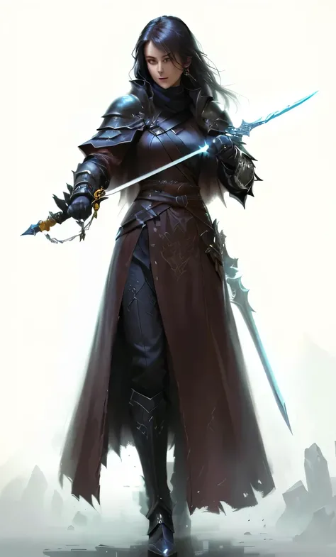 a woman in a long coat holding a sword and a sword, flowing robes and leather armor, dark fantasy character design, rpg concept art character, dark fantasy concept art, concept art of a monk, concept art character, steel inquisitor from mistborn, rpg chara...