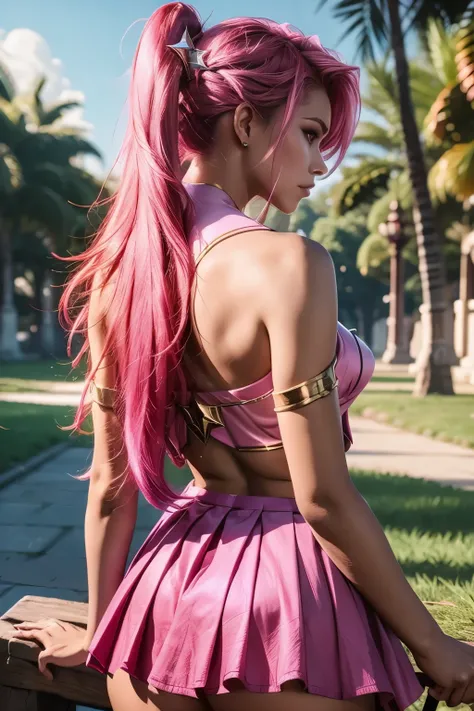  kaisa League of Legendaries,  with back to the viewer , KAISA Star Guardian , short skirt, bare shoulders,  big ass,  Long pink hair ,  ponytail ,  perfect body, In a park ,  high resolution,  super detail , 8k,  Overview , 