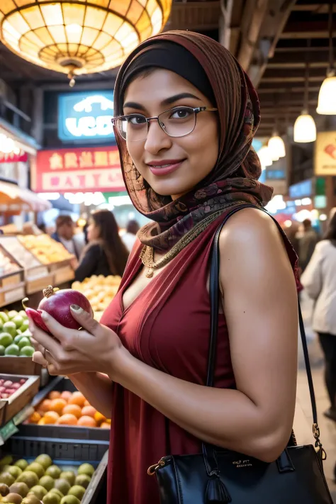 A beauty Mia  Khalifa with hijab, holding a handbag, shopping in the market, beautiful detailed eyes, beautiful detailed lips, extremely detailed eyes and face, long eyelashes, cheerful expression, perfect hands, handbag in hand, shopping in a vibrant mark...