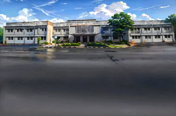 painting of a building, highschool background, Asphalt road ahead, realistic painting of a complex, made with anime painter studio, digitally painted, realistic anime 3 d style, high school, japanese high school, student, painted in anime painter studio, o...