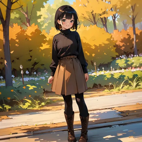 ( High Quality ,  high definition , Very detailed, reality:1.37), Peaceful atmosphere, (Outdoor, garden ,autumn),  teenage girl standing alone, Beautiful details,  cute smile with blush, (Black Bob), Ribbed sweater,Brown skirt, Black tights,  brown boots .