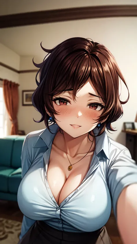 （ super high quality, ultra high resolution with forest background,16k,super masterpiece,Ultra HD ,Detailed shading and background,） take a picture of the upper body from below,Sexy Mother,Short black hair,（A white naked shirt with a large collar spread ou...