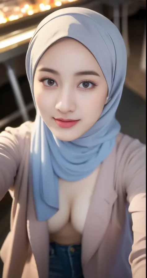 ((3 hijab girls taking selfie with front camera)), portrait from above,((portrait from above)), wear hijab in head, beautiful detailed hijab, sexy waist, three hijab girls taking selfie with front camera, three hijab woman nude unclothes, open jacket, pret...