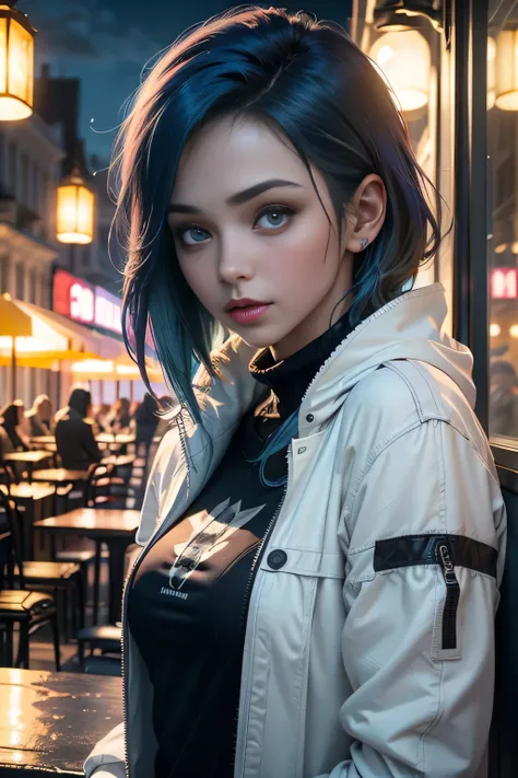 (8k, RAW photo, best quality, masterpiece:1.2), (realistic, photo-realistic:1.37), woman, girl, ultra-detailed,close up upper body,1 girl, solo,beautiful detailed sky,detailed cafe,night,beautiful detailed eyes,beautiful detailed lips,professional lighting...