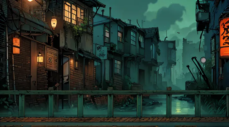 ghibli style, fence in the ruined post-apocalyptic street, ((camera lateral)), ((rusty pipes going up the brick walls)), (((rusty abandomned bus car))), clothes line crossing the streets, (wasteland), graffit on the walls, urban themed fighting game scener...