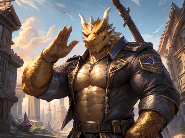 (golden scales:1.3), (golden fur), dragon, close eyes, easygoing, looking at the camera from the side, army coat, salute, stand, solo, masterpiece, (16K), HD, Various facial details, detailed background, very detailed, dynamic poses, Eyes details,  high re...