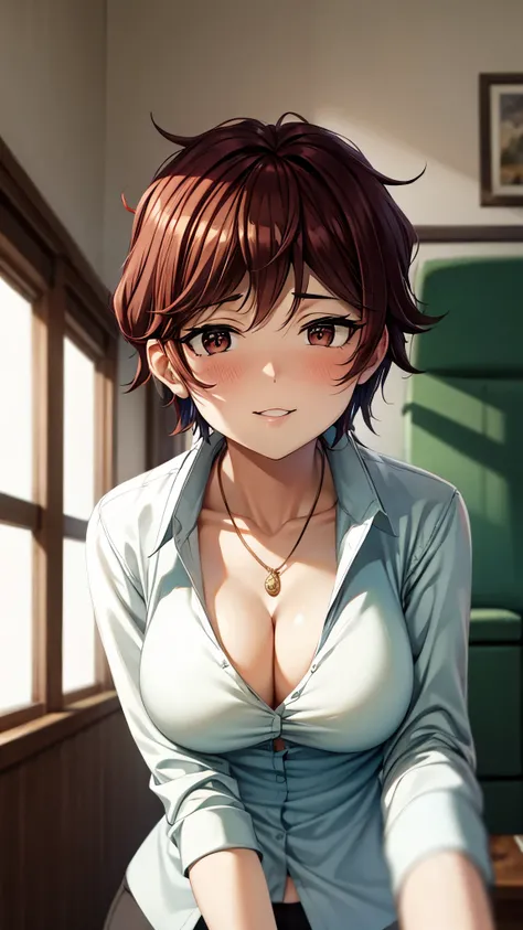 （ super high quality, ultra high resolution with forest background,16k,super masterpiece,Ultra HD ,Detailed shading and background,） take a picture of the upper body from below,Sexy Mother,Short black hair,（A white naked shirt with a large collar spread ou...