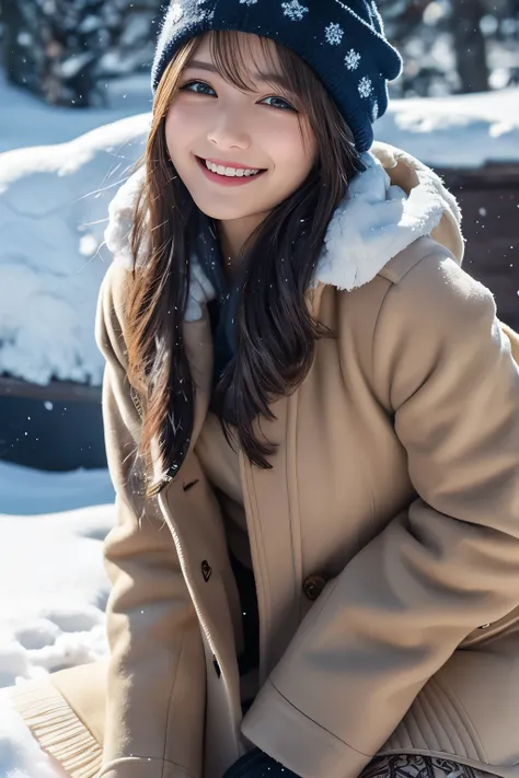 ・Women of Mucha、Photorealistic, Highly detailed face, 4K、 1girl in,   (official clothing: 1.4), Long hair, ssmile、Glamour､teeth、Patterned 、smile , beautiful , thighs、winter , cold, snow, legs