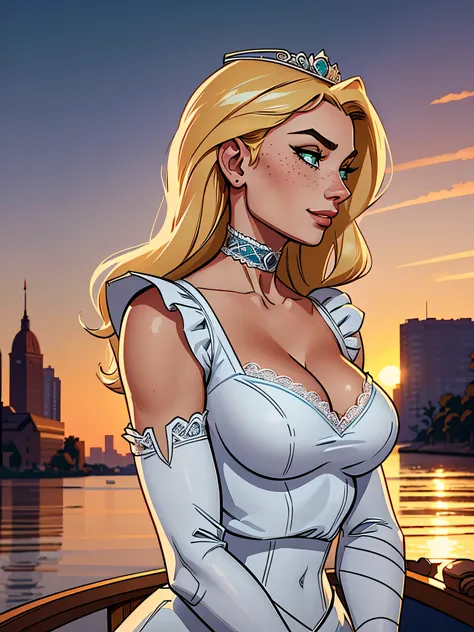 (Absurd, hq, ultra detailed, Anatomically correct , watch out for your hand ) close up of a thin and athletic woman , 25 years, 8k (( high definition)), beautiful smile, seductive look, green eyes, nose fine, wearing a long royal white dress ((lace bo...