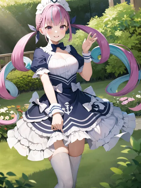   Masterpiece ,  best quality,  high definition , Aqua,  twin tails, Drill Hair,  Maid Headdress,  clevis, Short sleeve,  wrist cuffs ,  cowboy shooting,  standing, smile, garden