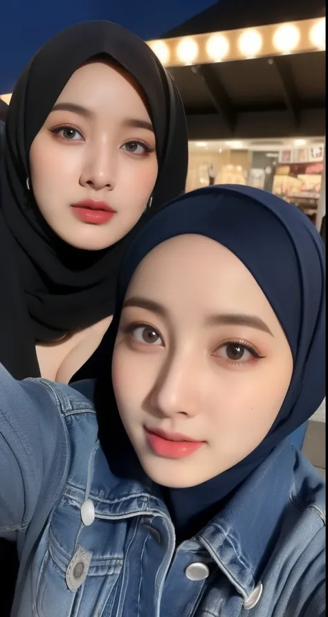 ((2 hijab people taking selfie with front camera)), portrait from above,((portrait from above)), wear hijab in head, beautiful detailed hijab, sexy waist, two hijab girls taking selfie with front camera, two hijab woman nude unclothes, (multiple people), o...