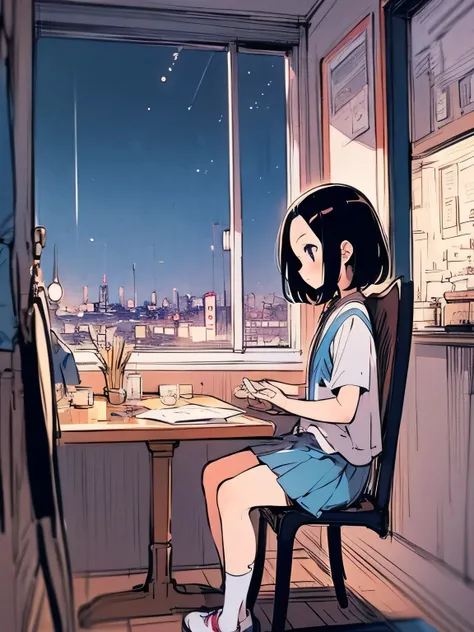 sideview,black hair,forehead,Looking out the window、Midnight、Night Sky、Streetscape、Private room、A room with no lights、Table、 sitting on a chair、 Mini Skirt、 High Quality 、(manga style),(sketch),(illustration),