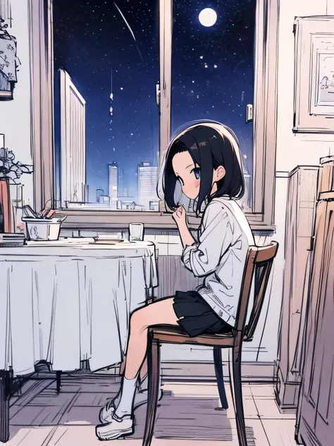 sideview,black hair,forehead,Looking out the window:1.3、Midnight、(Night Sky),Streetscape、Private room、A room with no lights、Table、 sitting on a chair、 Mini Skirt、 High Quality 、(manga style),(sketch),(illustration),