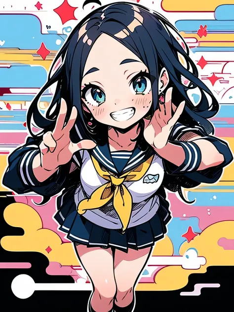 (3girls),.looking at viewer,ランダムなcolor hair,wave long hair, forehead,gal,grin,makeup gross eyeshadow,(JK),school uniform,(flying dash pose), popping out , knee-high black socks、 absolute domain、color々なcolorの空、 High Quality 、(manga style),(sketch),(illustra...