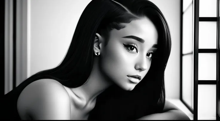 Singer who looks like Ariana Grande,r＆b、 album jacket、bright black and white photo 、sexy