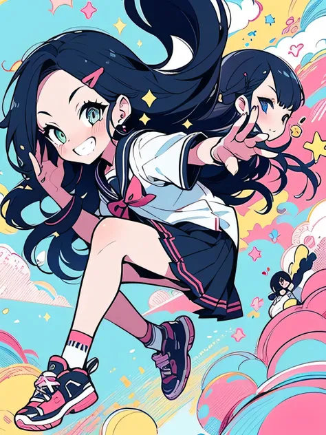 sideview,((3girls)),ランダムなcolor hair,wave long hair, forehead,gal,grin,makeup gross eyeshadow,(JK),school uniform,(flying dash pose), popping out , knee-high black socks、 absolute domain、color々なcolorの空、 High Quality 、(manga style),(sketch),(illustration),